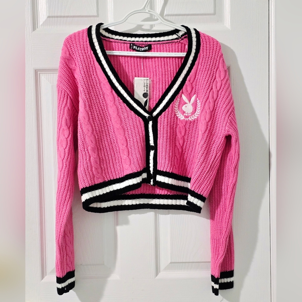 NEW! Playboy Women's Embroidered Varsity Knit Sweater Cardigan Size M